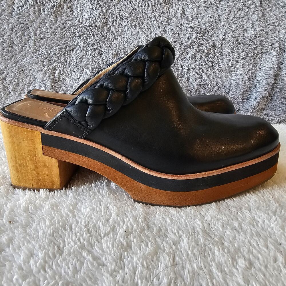 Bernardo Black Leather Mules with Wooden Heel